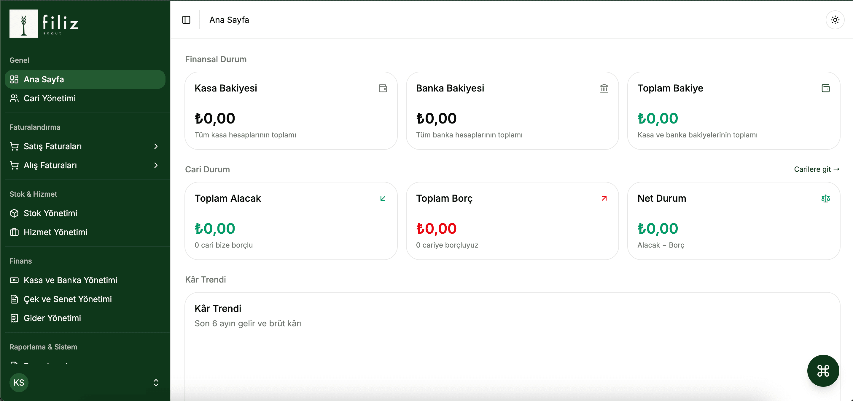 Filiz ana sayfa ekranı: kasa, banka ve toplam bakiye kartları ile cari durum özeti